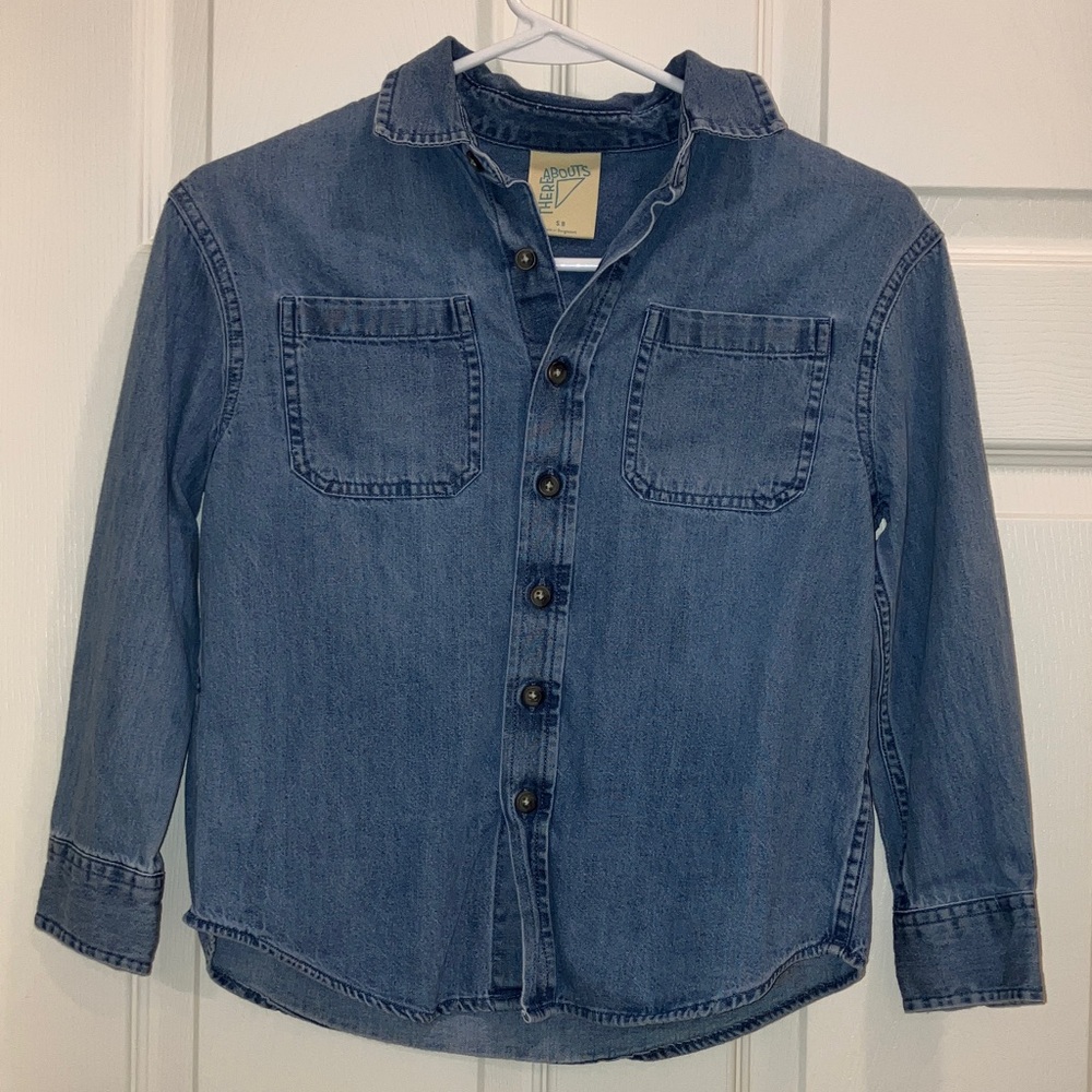 Thereabouts Kids Denim Button Up Shirt Size 8 Unisex Blue Jean Top Long Sleeve